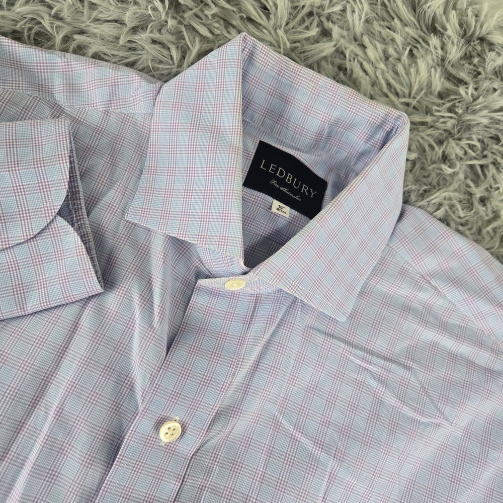 Ledbury Mens 16 Blue Purple‎ Micro Check Spread Collar Cotton Dress Shirt